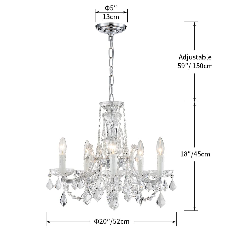AGV LIGHTING CH001S Modern K9 Crystal Chandelier, Maria Theresa Style Light Fixture, 5-Lights, D20 x H18, Adjustable Chain 59", Chrome Finish Frame
