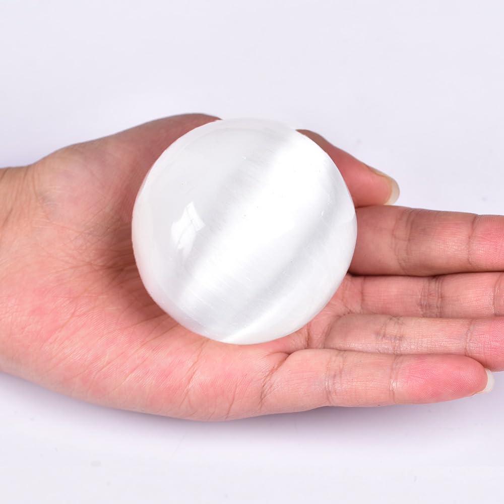 JIC Gem Selenite Crystal Ball with Wooden Stand Healing Crystal Sphere for Meditation, Home Decoration 2-2.3 Inch(50-60mm)