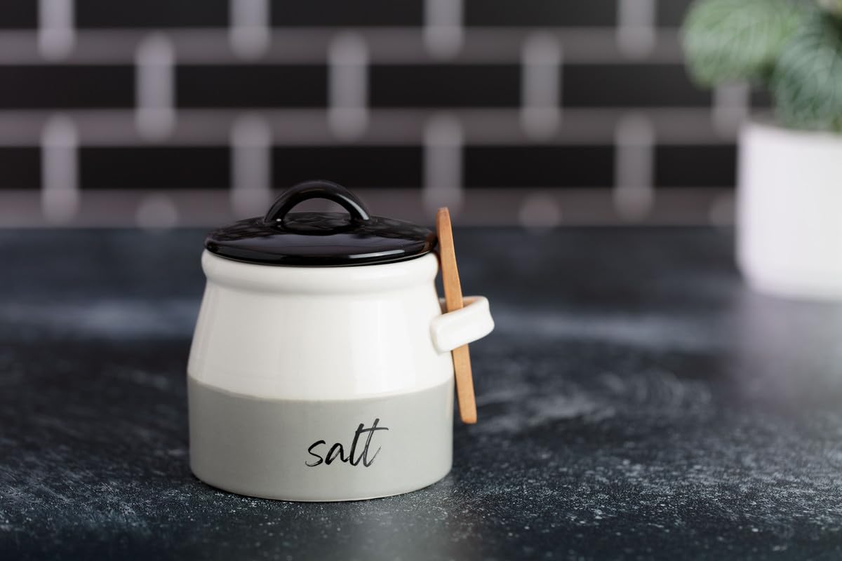 Keika Collective Salt Cellar with Lid and Spoon 10 oz - Handmade Ceramic Salt Keeper with 1.75 inch Lid and 3 inch Bamboo Spoon - Stylish Salt Container for Kitchen Decor