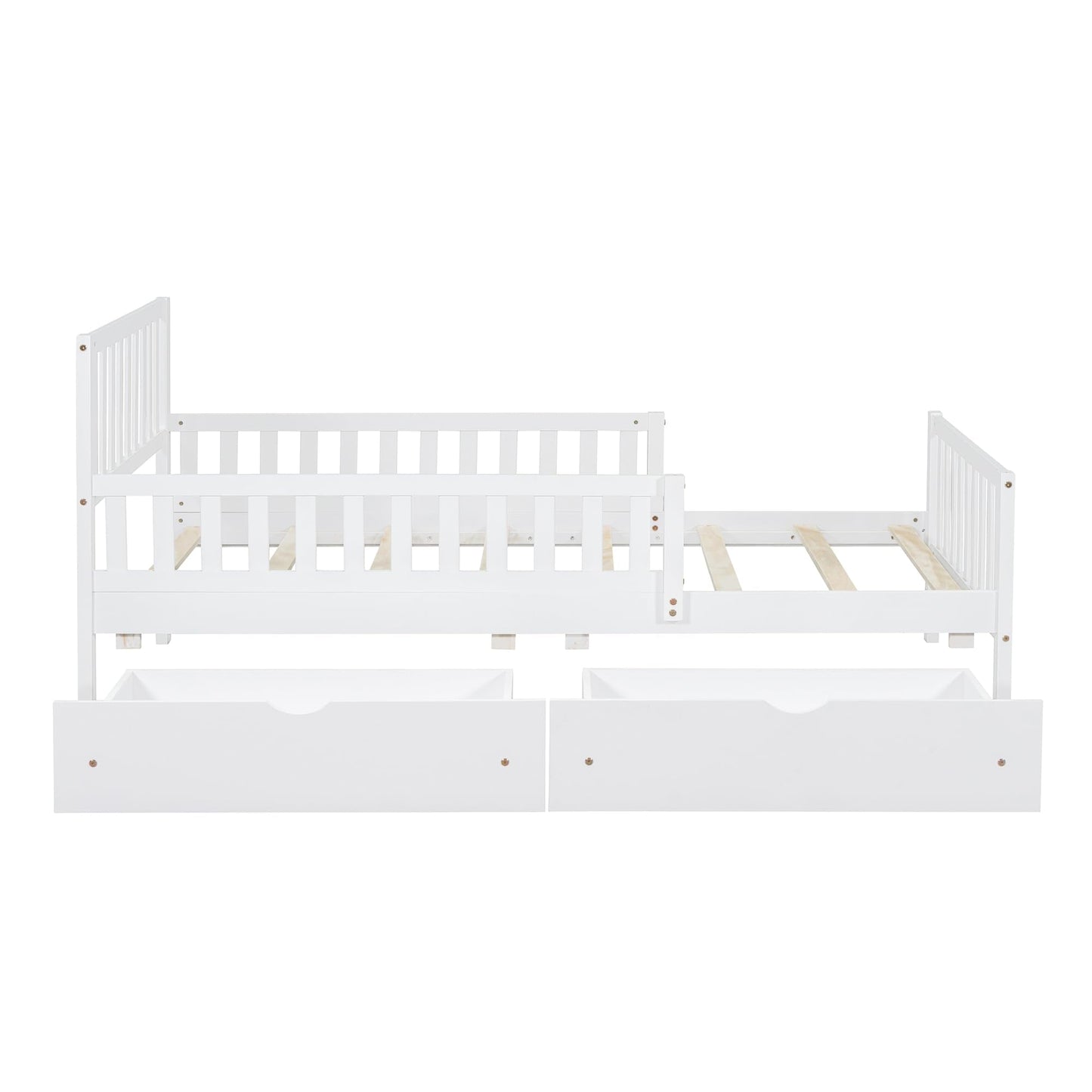 Merax Twin Size Platform Bed with 2 Storage Drawers and Both Sides Guardrails, Wood Bed Frame for Bedroom, Guest Room, No Box Spring Needed, White