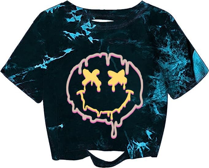 Remidoo Women's Tie Dye Short Sleeve Graphic Print Distressed Ripped Crop Top T Shirt Black Small