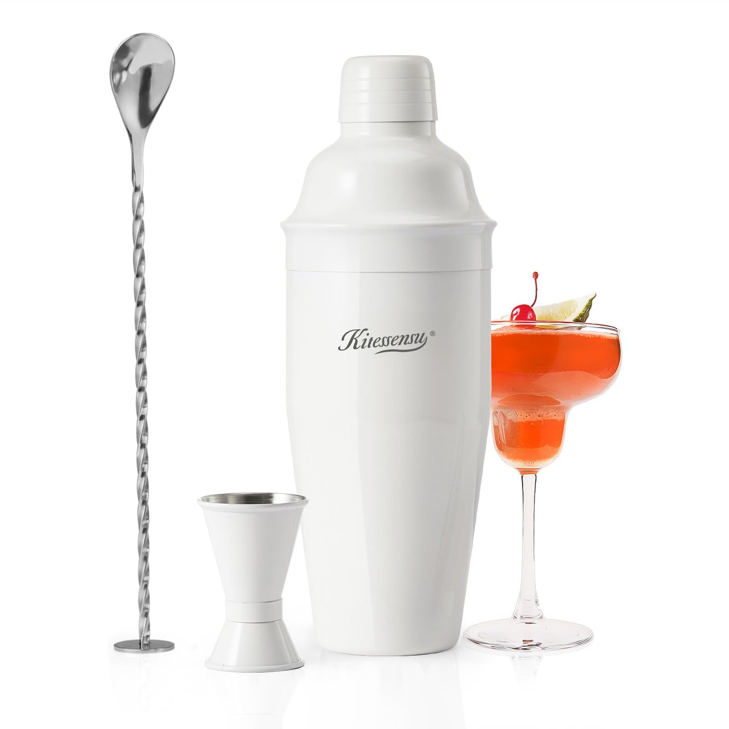 KITESSENSU Cocktail Shaker Set, Stainless Steel Martini Shaker with Bartender Strainer, Measuring Jigger, Bar Mixing Spoon, Cocktail Recipe Included, White
