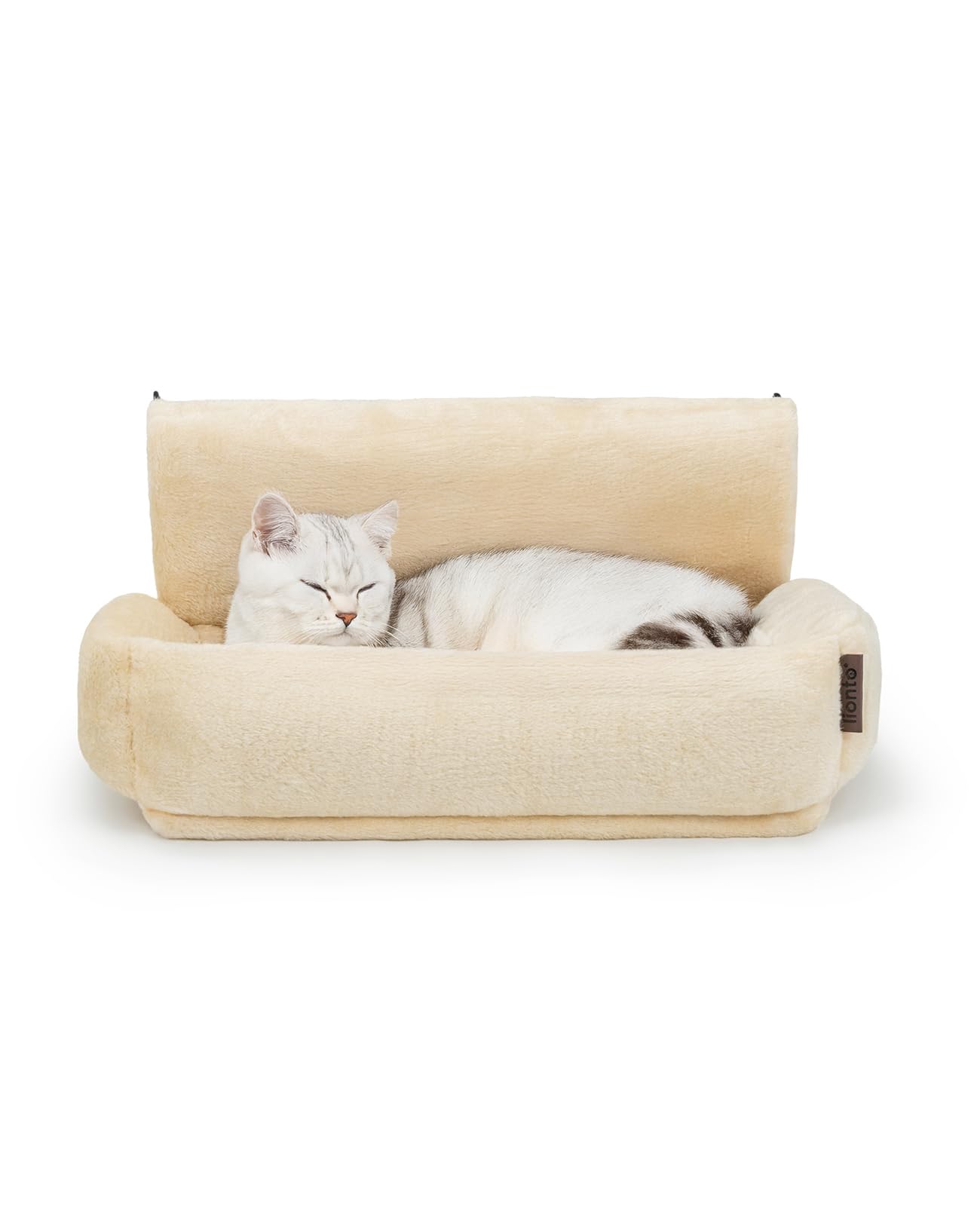 lionto Cat heating lounger with cuddly plush cover, warm cat bed for hanging with metal hooks for all common heaters, washable cat hammock made of cozy material, beige