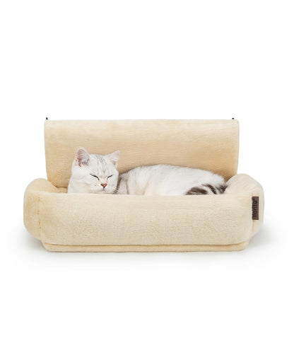 lionto Cat heating lounger with cuddly plush cover, warm cat bed for hanging with metal hooks for all common heaters, washable cat hammock made of cozy material, beige