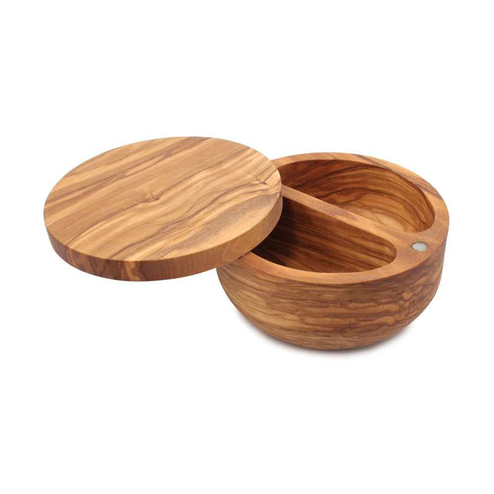 Swissmar Palermo Olive Wood Salt Keeper – Dual Compartment with Magnetic Swivel Lid, Countertop Spice Jar for Sugar, Spices, Seasonings, Kitchen Storage Canister, 8.8 oz - 260 ml