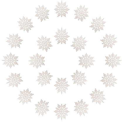 Kipokalor Plastic Snowflake Ornaments, 24pcs 3-Inch Sparkling Iridescent Glitter Decorations With String Hanger for Crafting and Embellishing (White)