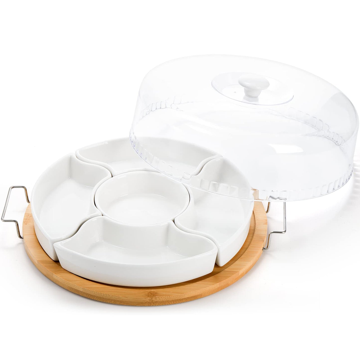 yarlung Ceramic Divided Serving Dishes Platter with Clear Lid, 11 Inch Bamboo Appetizer Tray with Handles 5 Removable Snacks Bowls Relish Tray for Candy and Nut, Chips and Dips, Veggies