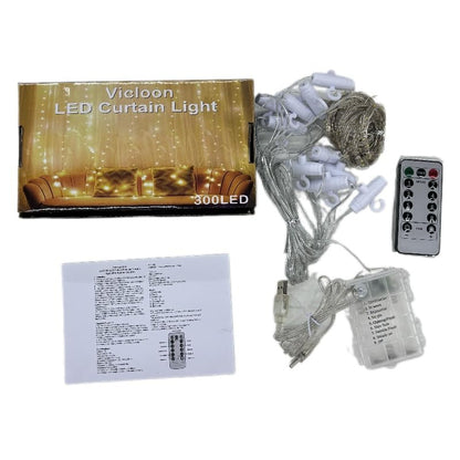 Vicloon Fairy Curtain Lights,300 LED Warm White Curtain Lights,8 Modes 9.8×9.8Ft Waterproof Window Curtain String Light USB&Battery Powered with Remote Control,String Lights Curtain for Indoor,Outdoor