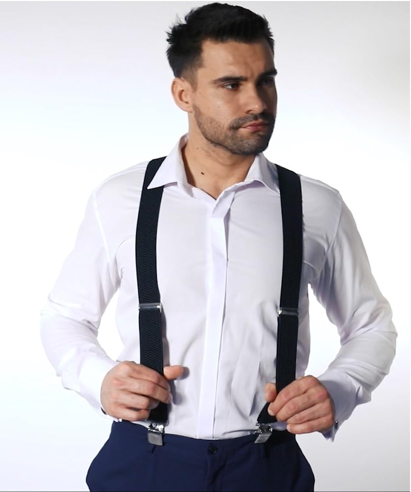 Decalen Mens Braces with Very Strong Metal Clips Wide 4 cm 1.5 inch Heavy Duty Suspenders One Size Fits All Men and Women Adjustable and Elastic X Form (Black 1)