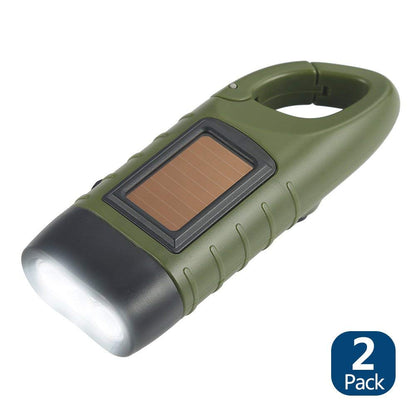 Simpeak 2-Pack Hand Crank Solar Powered Flashlight, Emergency Rechargeable LED Survival Flashlight, Quick Snap Carbiner Dynamo Flash Light Torch for Outdoor Sports, Green