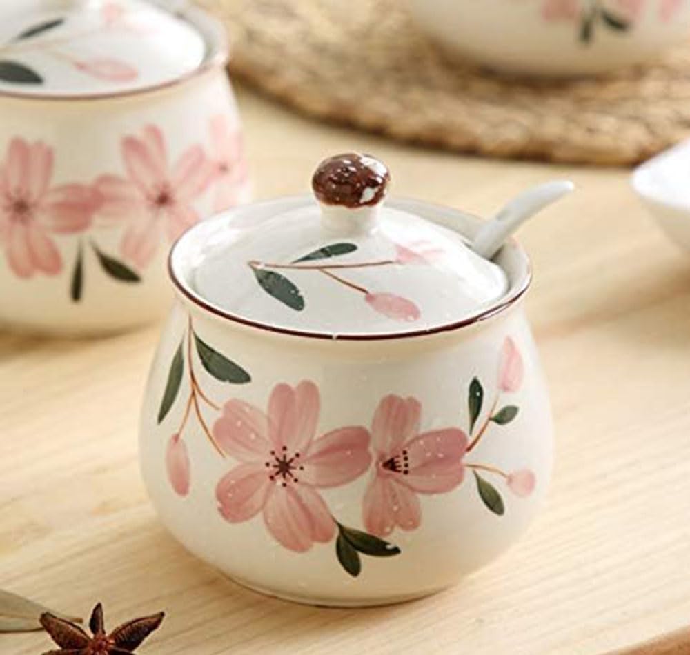 Ceramic Sugar Bowl, Flower Pattern Seasoning Jar with Lid Spoon, Sugar Pot