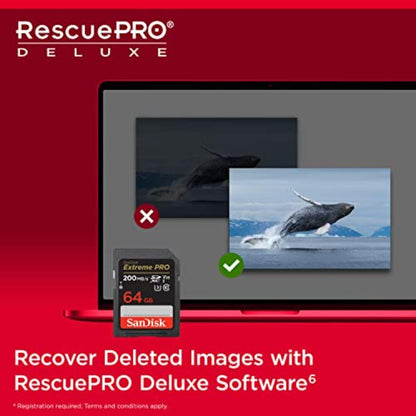 SanDisk 64GB Extreme PRO SDXC card, SD Card, V30 Memory Card, 4K UHD, up to 200 MB/s, SanDisk QuickFlow Technology, RescuePro Deluxe Data Recovery Software, UHS-I, Class 10, U3, V30