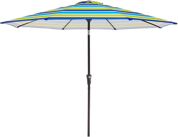 MEWAY 9ft Patio Umbrella Outdoor Table Umbrellas with Push Button Tilt and Crank, Market Umbrella 8 Sturdy Ribs for Deck, Garden, Pool and Backyard, Blue-Green Stripe