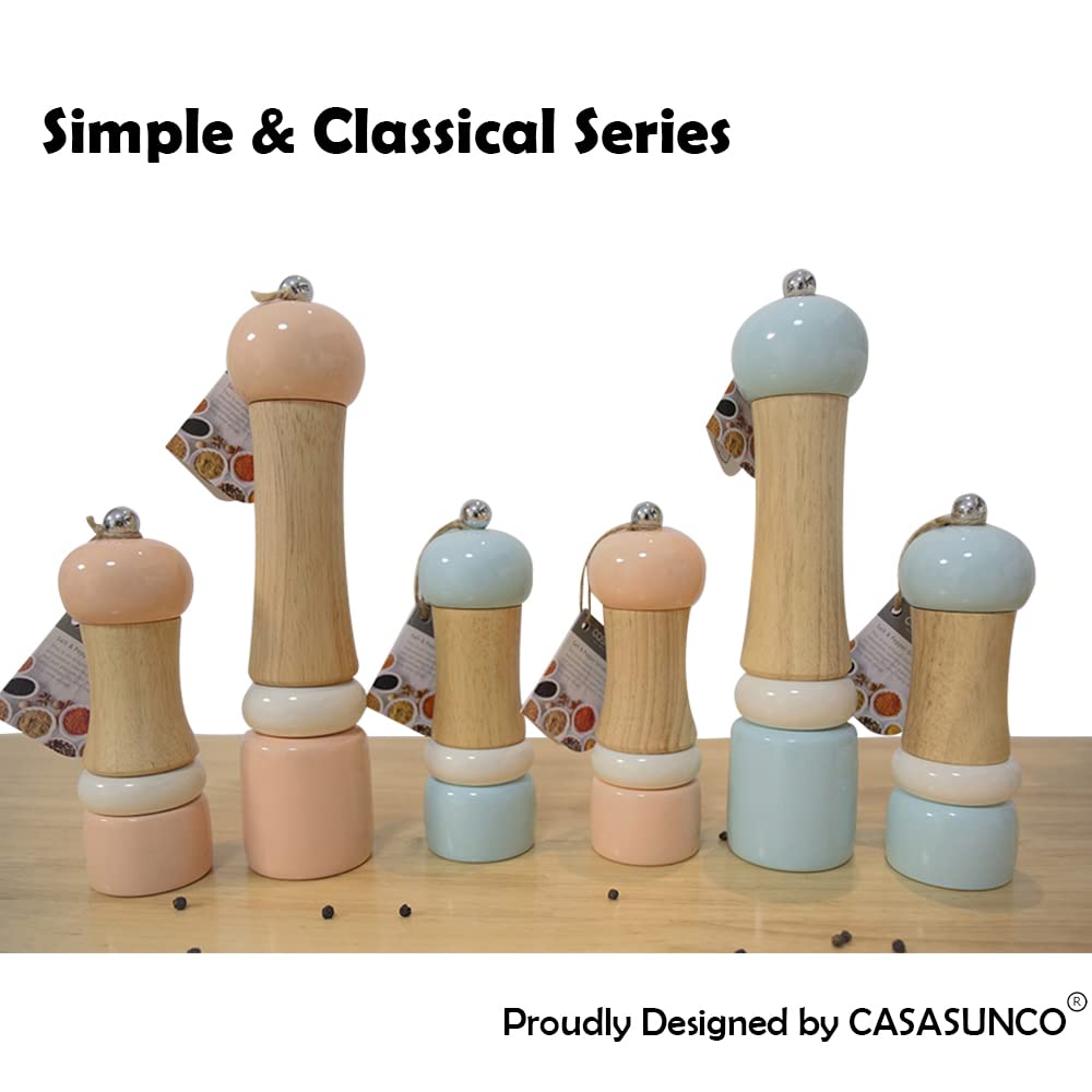 CASASUNCO Manual Salt and Pepper Grinder Set Salt & Pepper Mill Sets Wooden Salt Pepper Grinder Set Salt & Pepper Shakers Gift Set- Customized Coarseness - Ceramic Core - Blue+Peach (Set of 2, 6")