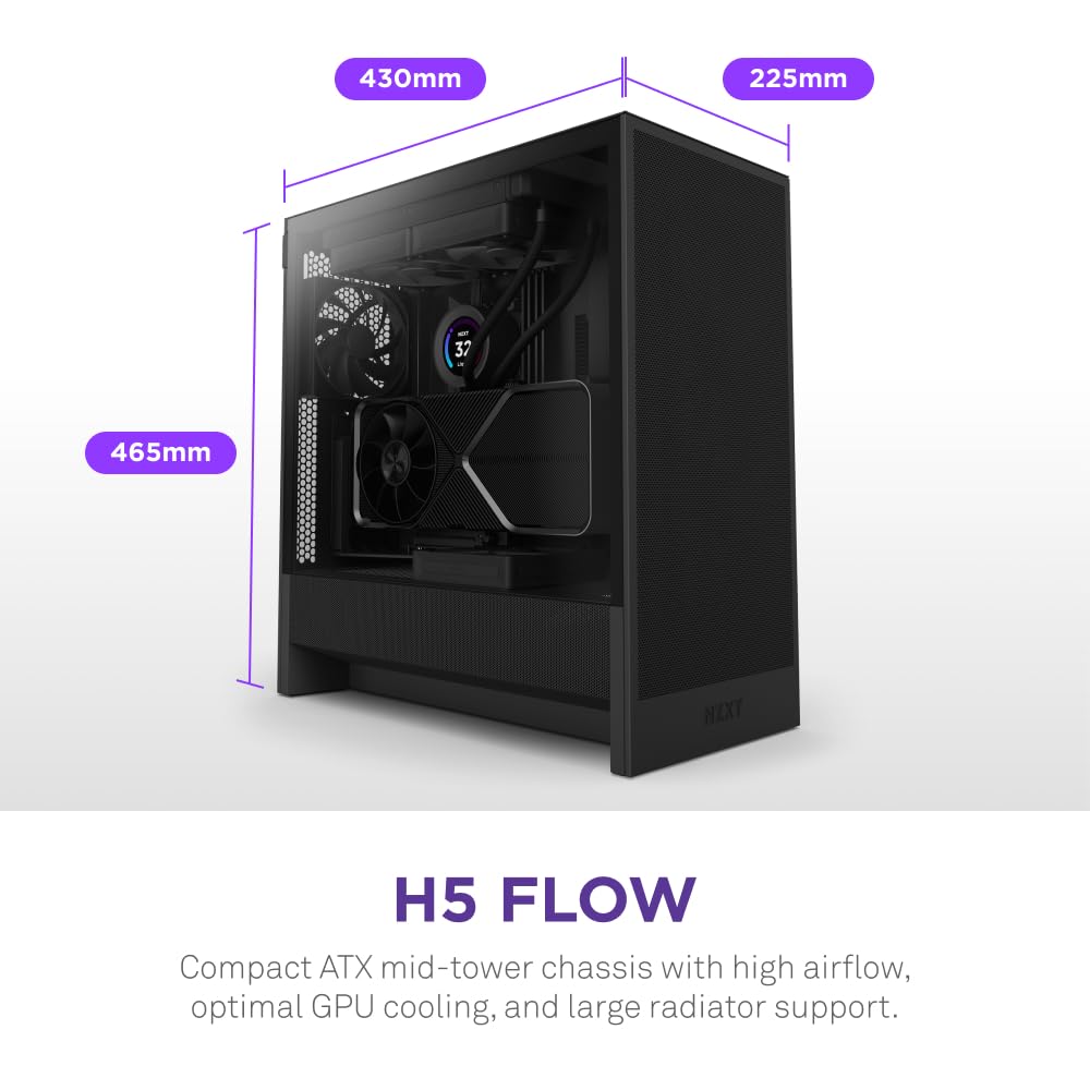 NZXT H5 Flow - Compact ATX Mid-Tower PC Gaming Case - High Airflow - 2 x 120mm Fans Included - 360mm Front & 240mm Top Radiator Support - Cable Management System - Tempered Glass - Black