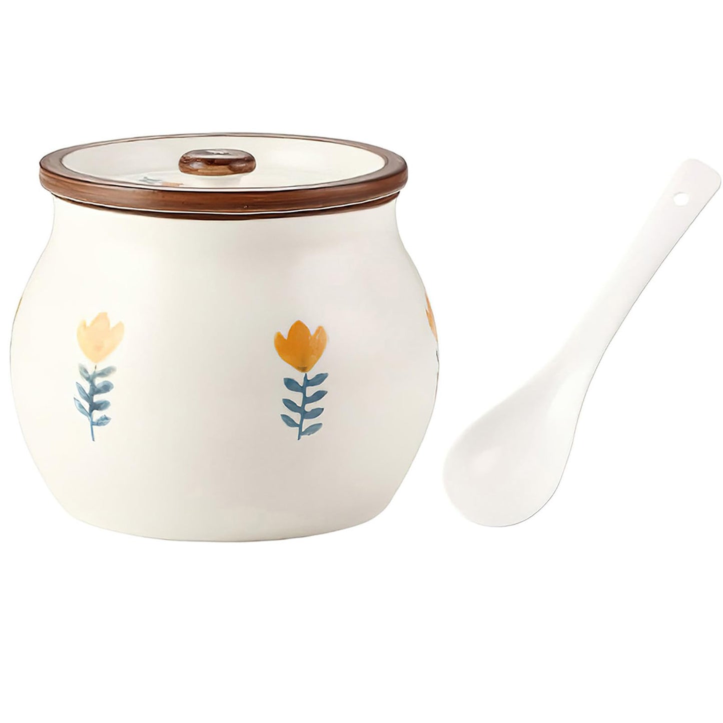 auons Ceramic Salt and Sugar Bowl, Porcelain Condiment Jars with Lid and Spoon, Seasoning Spice Pot Bowl, Salt Sugar Pepper Storage Jar, 600ml, Yellow Flower
