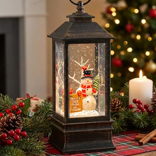 10" Christmas Snow Globe Lantern with Farm Snowman，Lighted Swirling Glittering Snow Globes with Music & Timer, Christmas Decorations for Home Tabletop Indoor