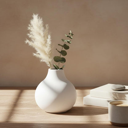 Carrot's Den White Round Vase - Minimalist Nordic, Japandi, Mid Century Modern Home Decor | Table Centerpiece, Wedding, Living Room, Bookshelf, Office, Modern Home, Entryway, Console (White)