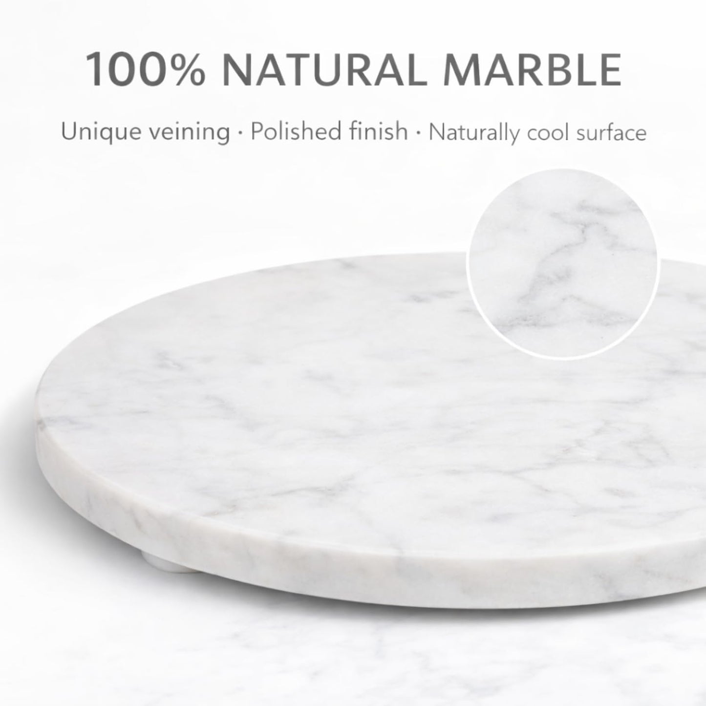 KC KULLICRAFT 11-Inch Round Marble Cheese Board – Solid White Natural Stone Cutting Board & Charcuterie Serving Tray with Non-Slip Feet, 0.5” Thick, Easy to Clean.