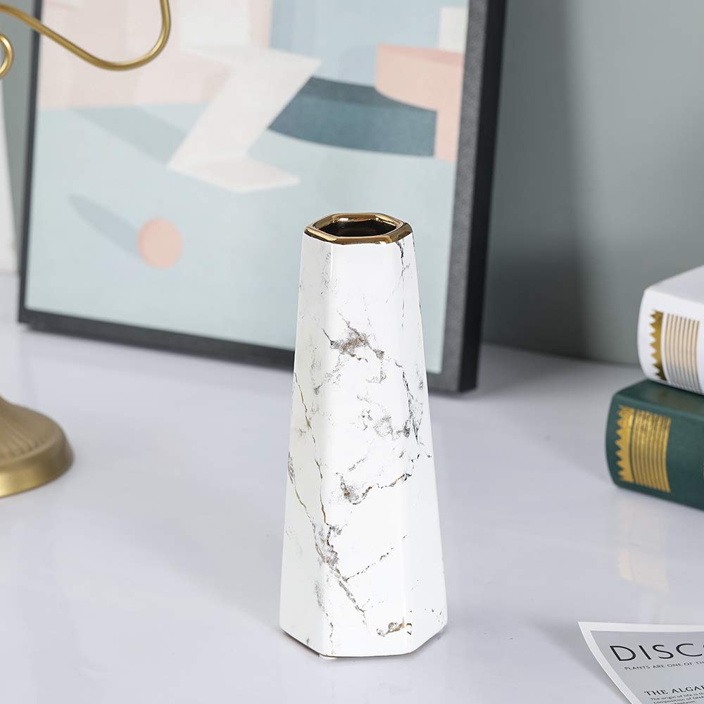 8inch White Gold Finish Marble Ceramic Flower Vase Home Decor Vase and Table Centerpieces Vase - Ideal Gifts for Friends and Family, Christmas, Wedding, Bridal Shower