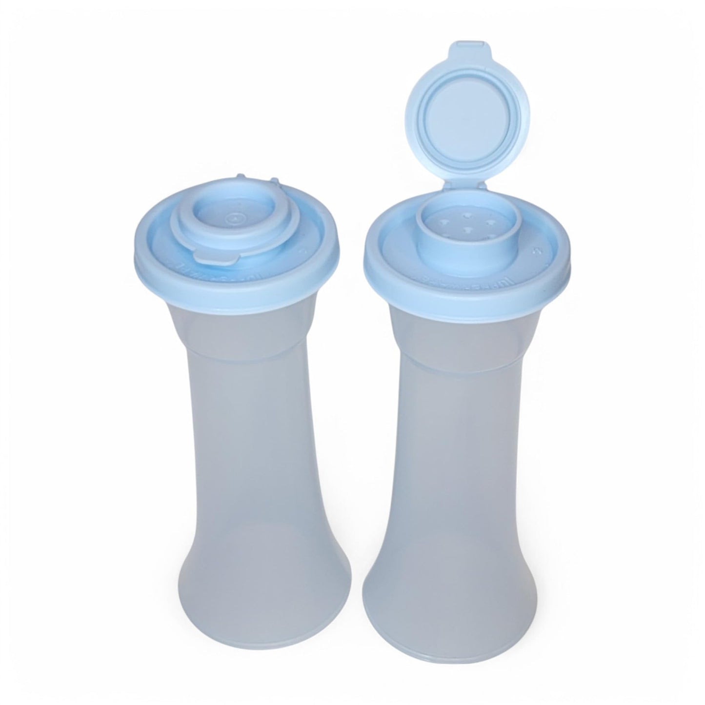 Tupperware Large Hourglass Salt and Pepper Shaker Set Sheer Ice Blue Containers with Ice Blue Seals