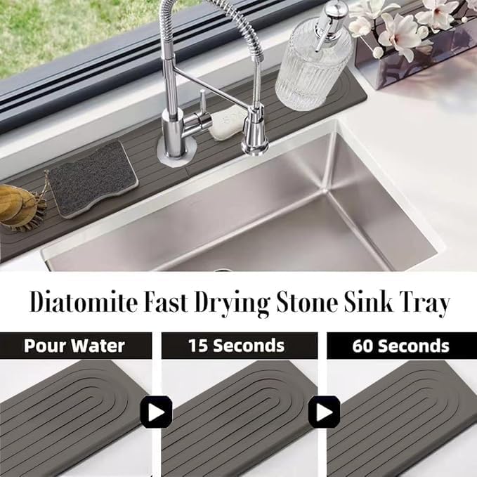 Quick Drying Stone Faucet Mat for Kitchen Sink, 23.6'' Long Diatomite Sink Tray