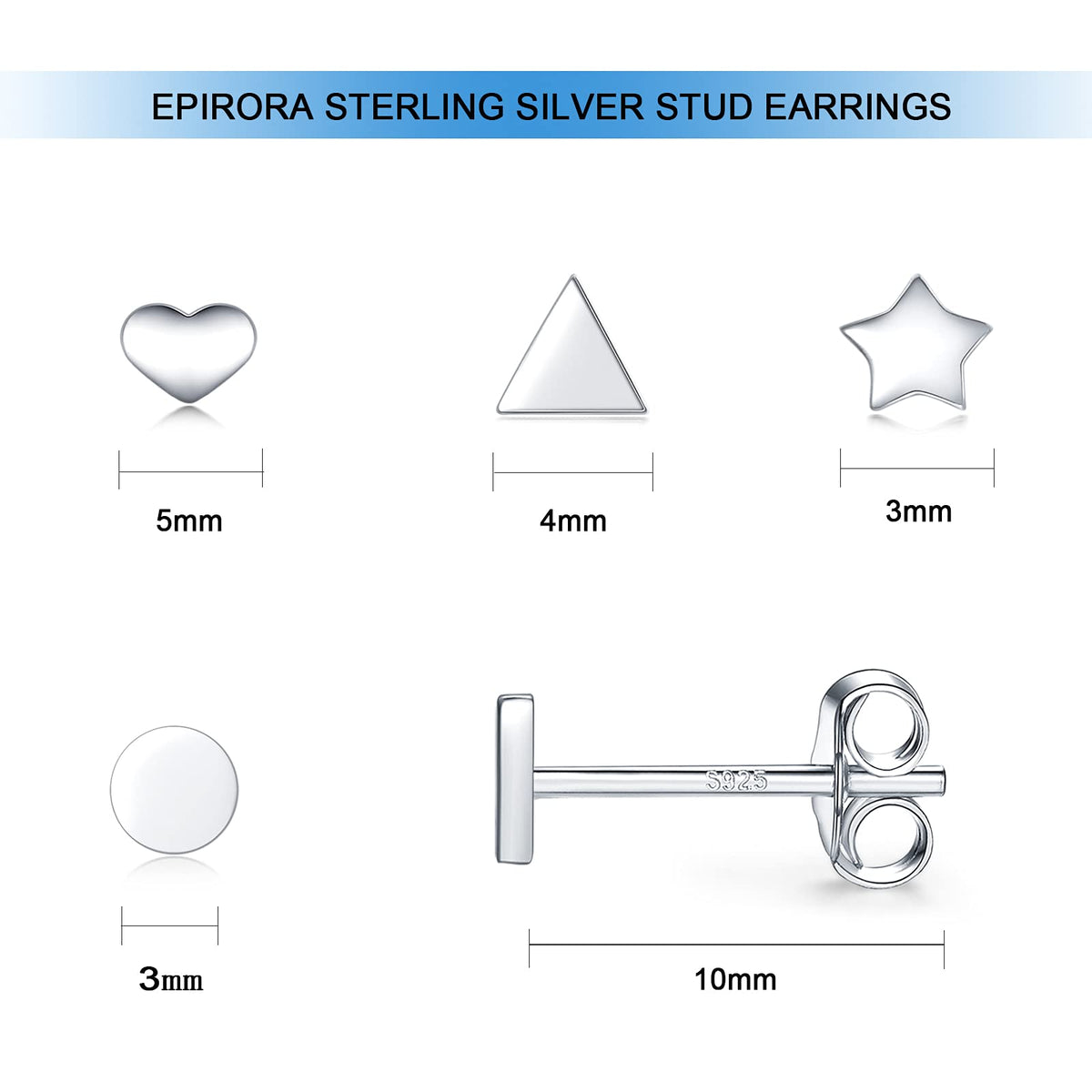 Sterling Silver Stud Earrings for Women Men- 4 Pairs of Hypoallergenic Simple Geometric Small Stud Earring Set Tiny Triangle Square Heart Star Stud Earrings Mini Cartilage Tragus Earrings, Silver