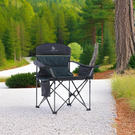 ALPHA CAMP Heavy Duty Camping Chair 500LBS Capacity, Oversized Folding Chair for Heavy People, Padded Portable Outdoor Chair with Cooler Bag & Cup Holder for Camping, Fishing, Beach