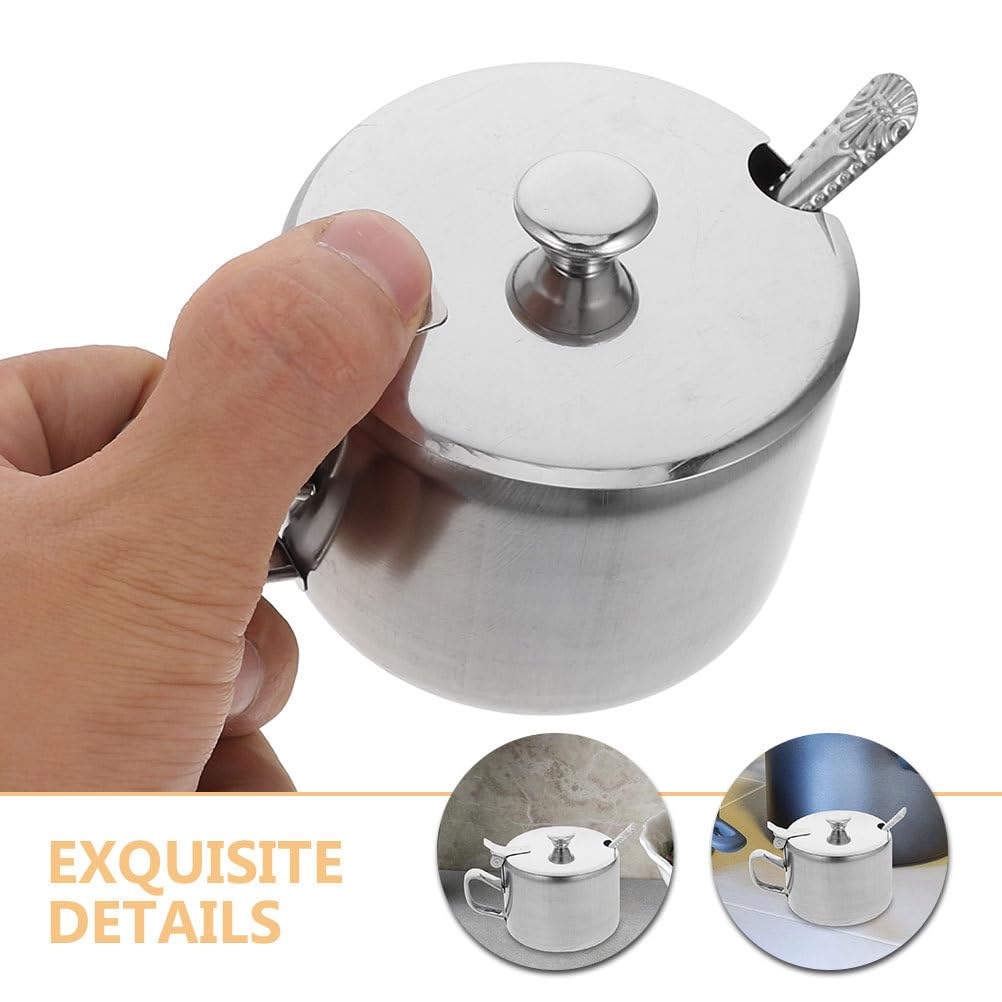 CATIEBYE Stainless Steel Sugar Bowls Set of 3 with Lids and Spoons Multi-Purpose Condiment Containers for Kitchen Countertop Storage Sugar Salt Pepper Spice Bowls 3.54X2.75X2.55 Inch