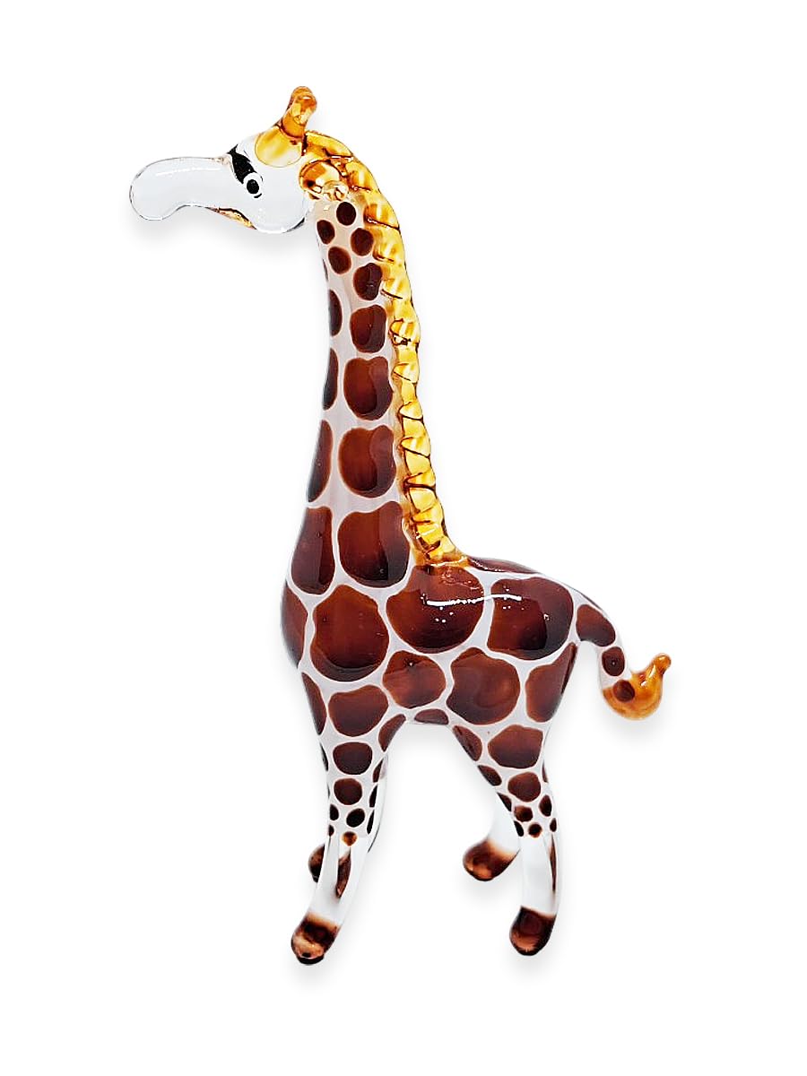 ChangThai Design Tiny 2⅝" High Brown White Giraffe Standing Figurine - Miniature Hand Blown Glass Giraffes Savanna Wildlife Long Neck Tallest Animals Crystal Decorative Collectible Figures Décor Gifts