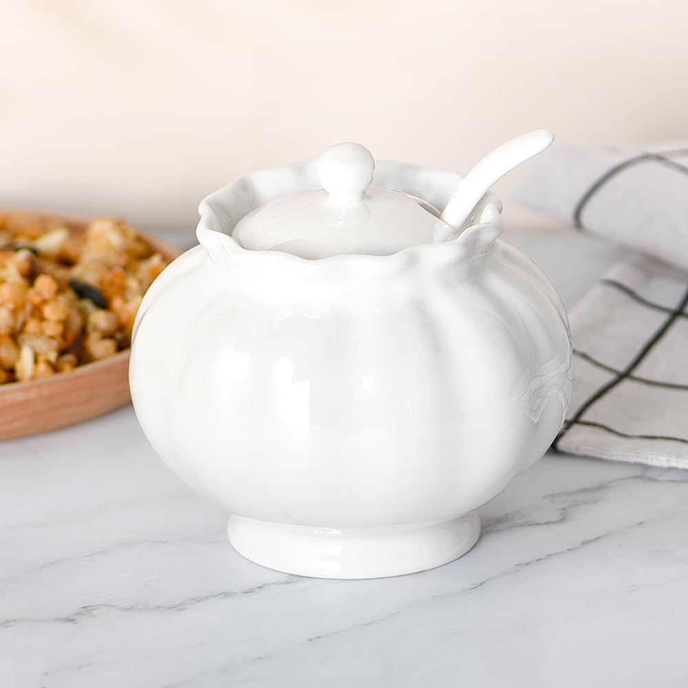 Ursword Iridescent Sugar Bowl with Lid and Spoon, Ceramic Sugar Bowl, 9oz Sugar Jar for Coffee Bar, Salt Box Sugar Containers for Seasoning, Spice, Sauce, Elegant Decor for Kitchen Countertop