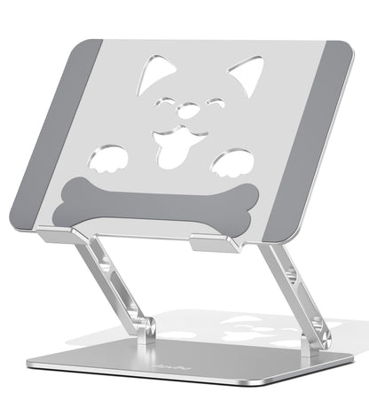 Aoviho Laptop Stand for Desk-Adjustable, Foldable, Portable, Ergonomic Aluminum Notebook Riser with Unique Puppy Cooling Vent, Desk Gift for 10"-17.3" Devices Mac, Dell, HP, Lenovo, Samsung, Silver