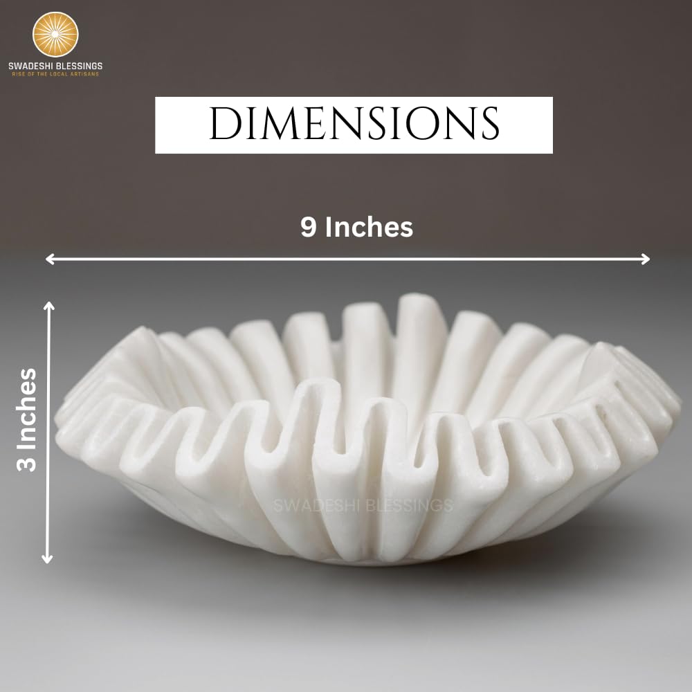 SWADESHI BLESSINGS HandCrafted Marble Ruffle Bowl, Large Decorative Bowl for Home Decor, Key Bowl for Entryway Table, Scalloped Bowls for Dining Table Centerpiece Decor, Catch All Bowls, 9"