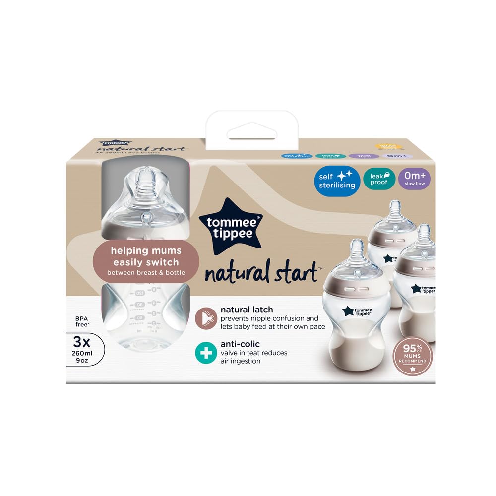 Tommee Tippee Natural Start Baby Bottles for 0m+, Pack of 3 260ml Baby Bottles, with Slow Flow Breast-Like Teat for a Natural Latch, Self-Sterilising and BPA Free, Baby Feeding Essentials