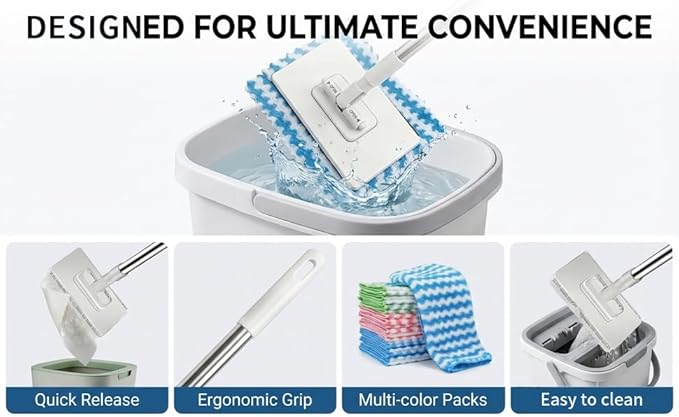 Snap Grip Mini Mop, Zero Touch MiniMop, Disposable Clip Mopstick Reusable Cloths