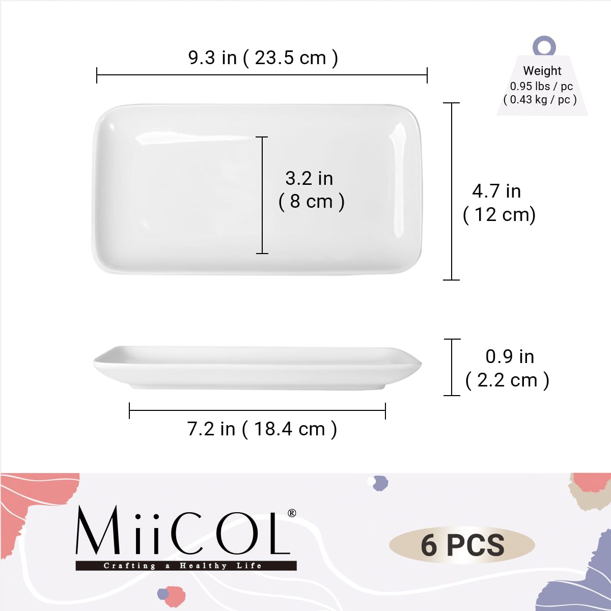 Miicol Small Platters Set of 6, Ceramic Rectangle Plates 9 Inch, Modern Sushi Plate Set, White Serving Dishes for Serving Food, Appetizer, Dessert, Dinner, Party