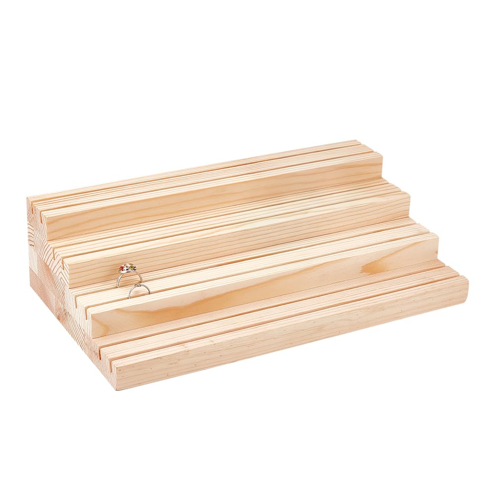 NBEADS 4-Tier Wood Jewelry Display Stand, Wooden Earring Organizer Holder with Grooves Jewelry Showcase Rack for Rings Earring Display Photo Home Decorations
