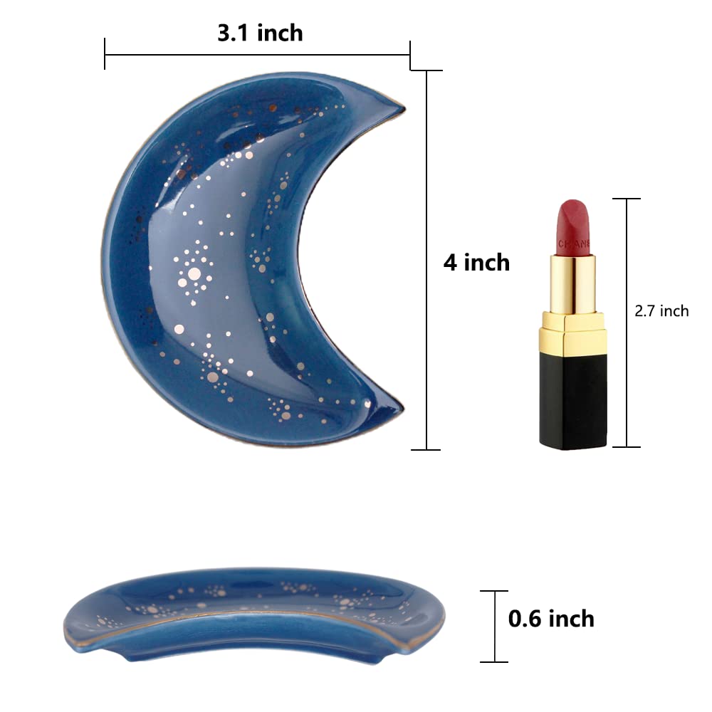 Soddeph Small Moon Ceramic Jewelry Tray, Decorative Trinket Dish, Ring Holder Plate, Modern Accent Tray for Bathroom, Nightstand, Entryway Table, Vanity (2, Blue)