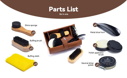 YUET Shoe Polish Kit Cleaning Shine Care Barrel Set For Brown Black Leather With Brush Travel Case Luxury Premium Soft Horsehair Bristle Dauber, Wooden Applicator, Shoehorn, Cloth 7 Piece