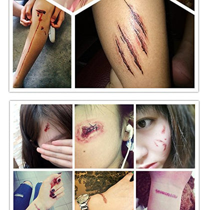 20 Sheets Halloween Body Face Scar Realistic Temporary Tattoos Stickers Horror Realistic Waterproof Fake Bloody Wound Stitch Stickers Makeup for Halloween Party Cosplay