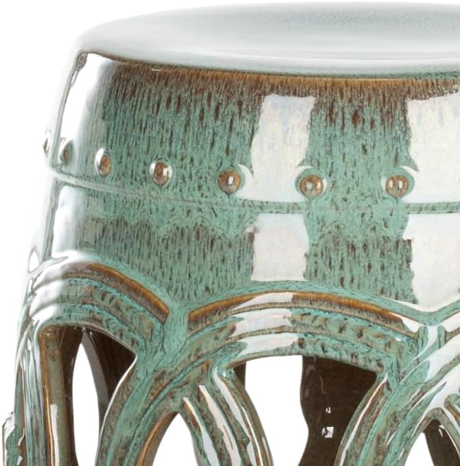 SAFAVIEH Home Collection Double Coin Antique Blue-Green Ceramic Indoor/ Outdoor Decorative Garden Stool (Fully Assembled)