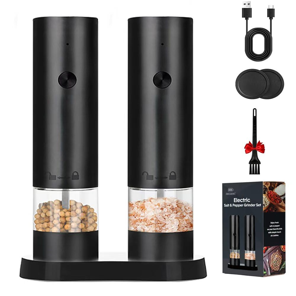 Veiliss Electric Salt and Pepper Grinder Set with Battery Rechargeable, External Adjustable Coarseness, Automatic Ceramic Salt & Pepper Shakers Mills for Seniors & Weak Hands & Kids, Gift for Mother