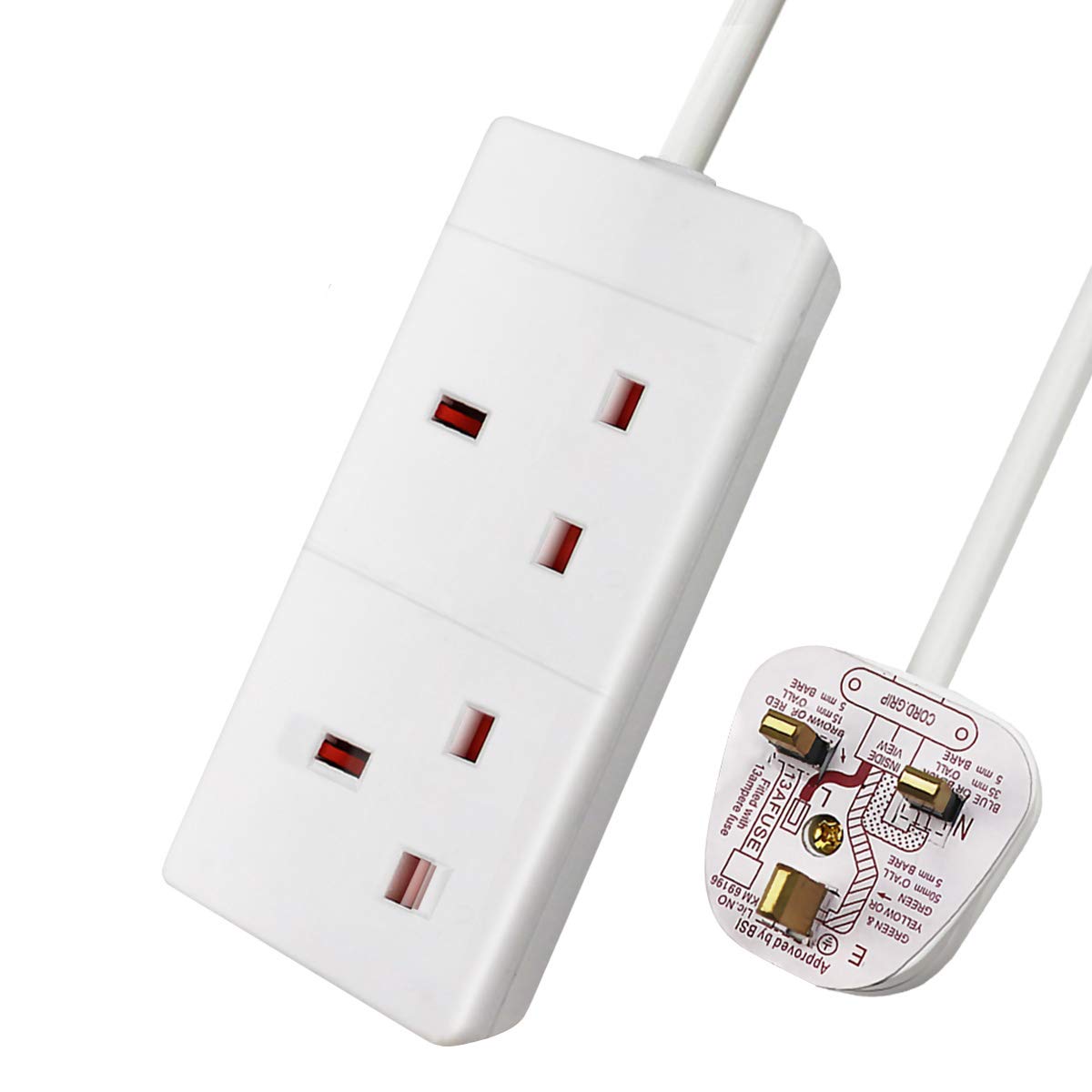 ExtraStar 2 Way Extension Lead, 13A Fused UK Plug Extension Socket, 1M Extension Cable Power Strip - White