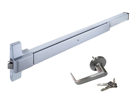 QCAA Rim Type 5010 Push Panic Bar Exit Device, Compatible to Market Branded C Keyway, Aluminum Finish, with Entrance Function Exterior Lever Lock