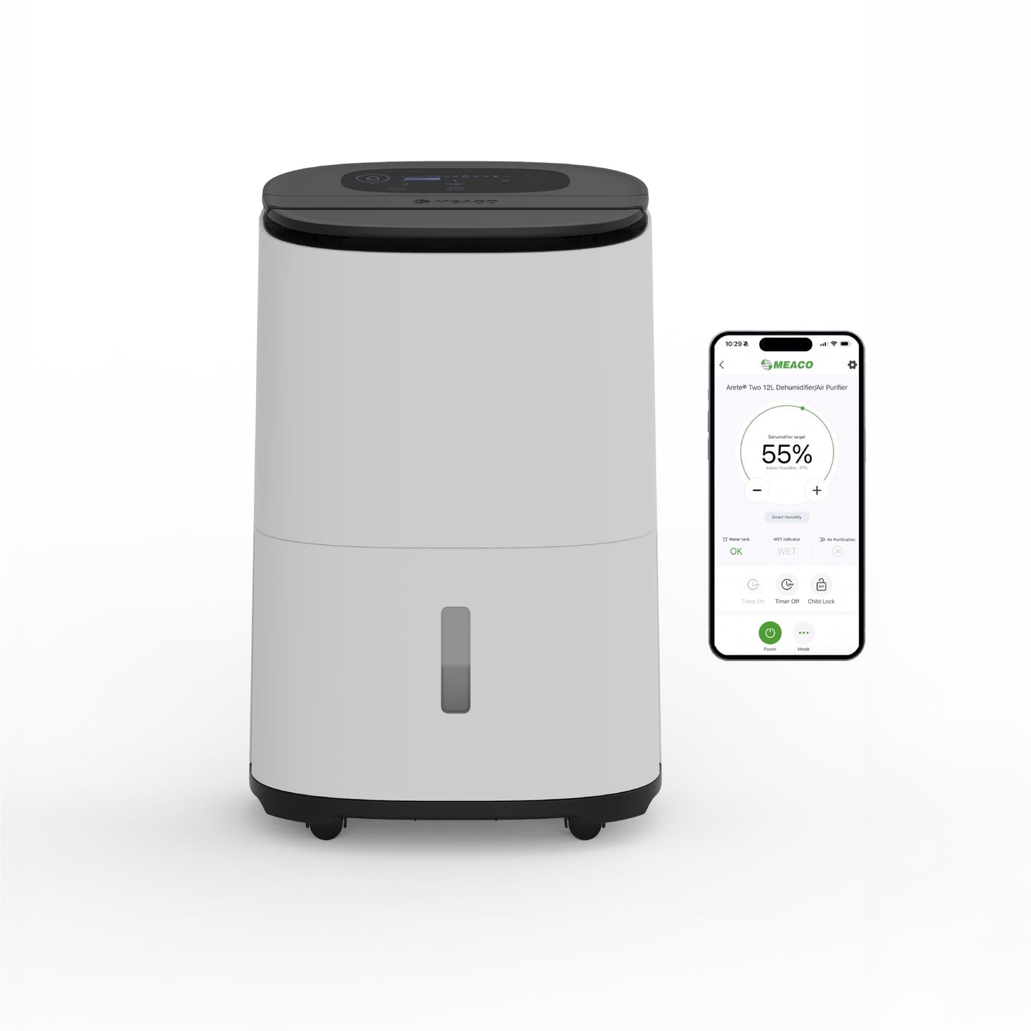 Meaco MeacoDry Arete® Two 12L Dehumidifier & HEPA H13 Air Purifier, Low Energy, Low Noise, Wi-Fi Meaco App, Smart humidity mode, removes moisture in homes and flats, 5x year warranty