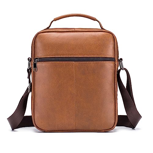 SPAHER Men Leather Handbags Shoulder Bags Messenger Business Bag Crossbody Satchel Sling Waterproof Travel Bag Daily Man Bag with Adjustable Shoulder Strap for Ipad 11 Inch Brown