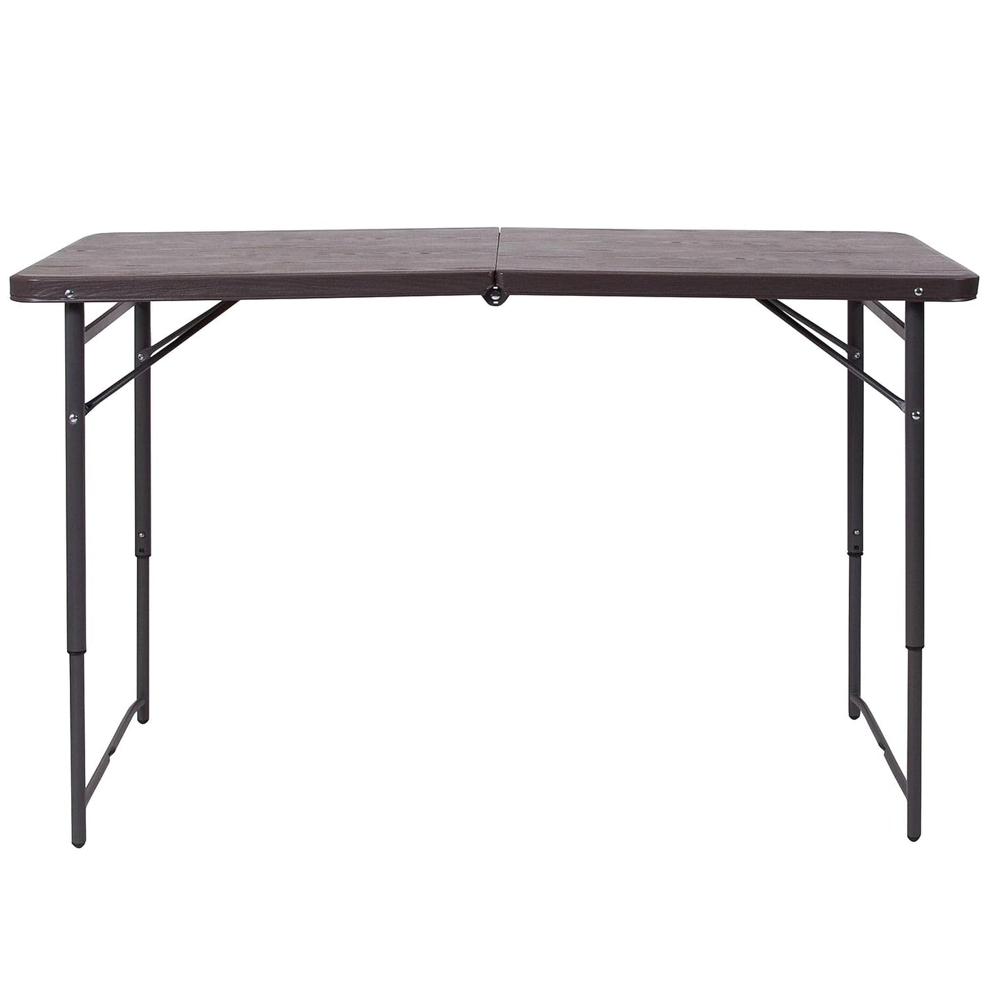 Flash Furniture Mills 4-Foot Height Adjustable Bi-Fold Brown Wood Grain Plastic Folding Table with Carrying Handle