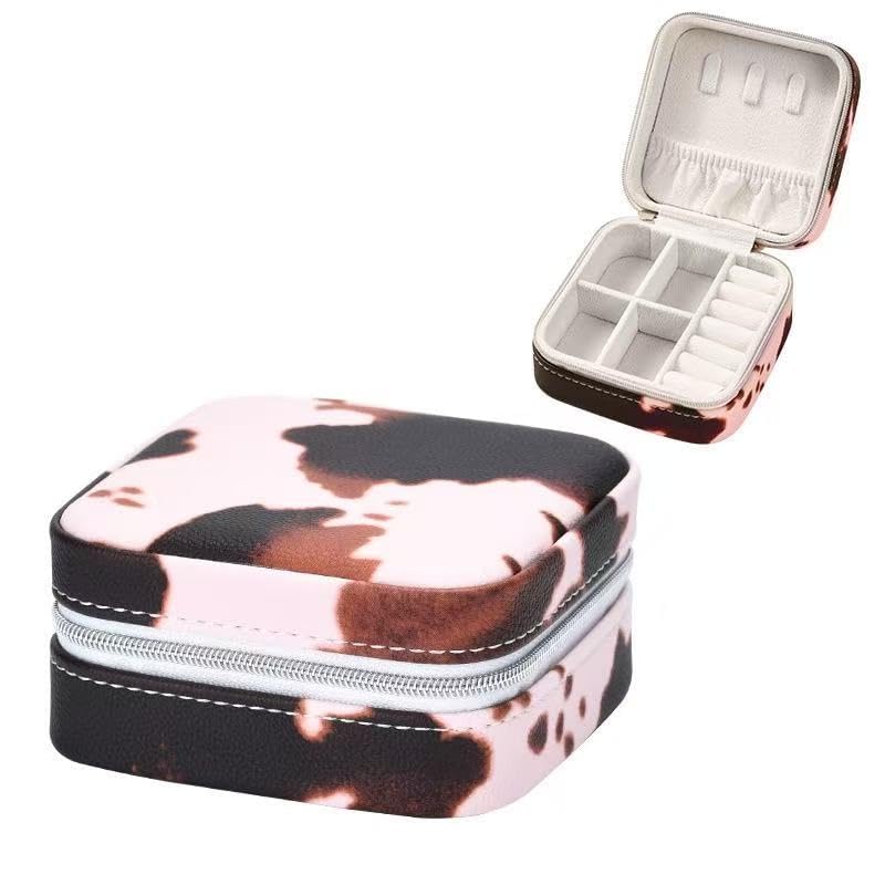 Jinglong Cattleprint Travel Jewelry Box, Compact and Adorable Doggy Jewelry Organizer, Suitable for Rings, Necklaces, and Earrings, Portable Jewelry Storage Box (Brown and white cow pattern)