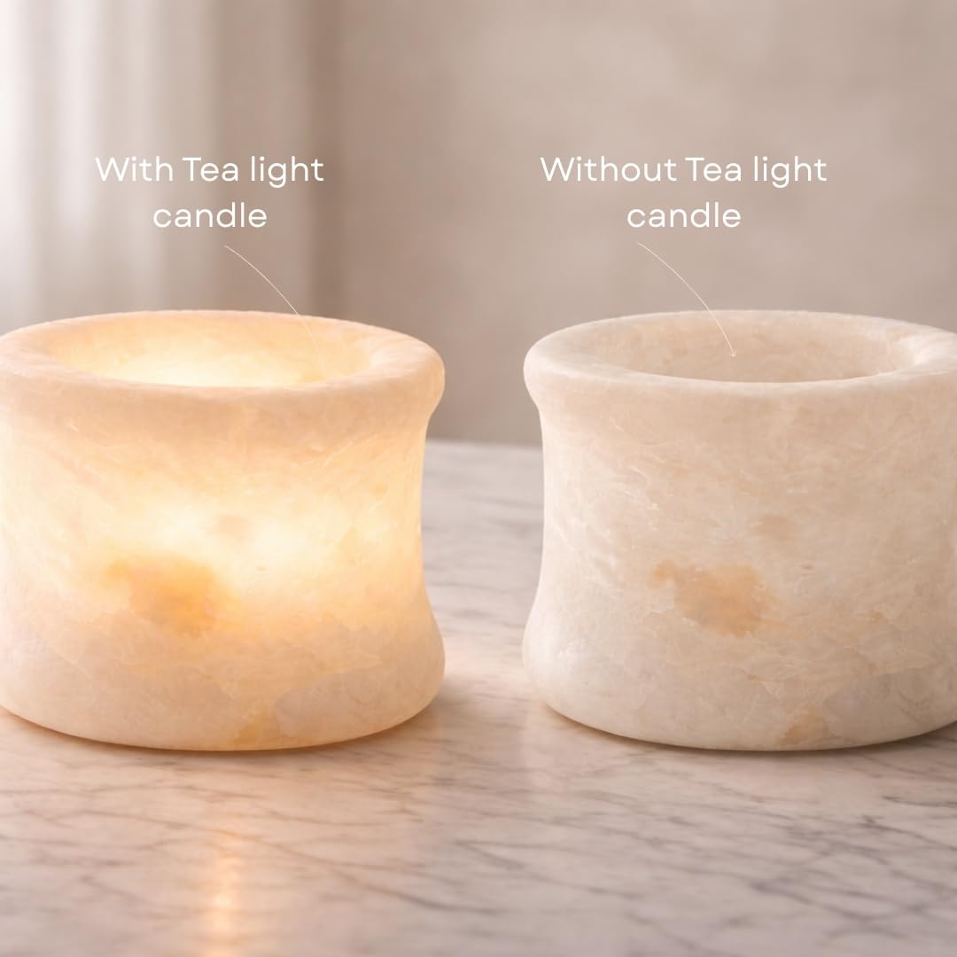 Single White Alabaster Candle Holder - Egyptian Tealight and Votive Candles Holders with Amber Glow for Home Décor - Natural Stone Soothing Tranquil