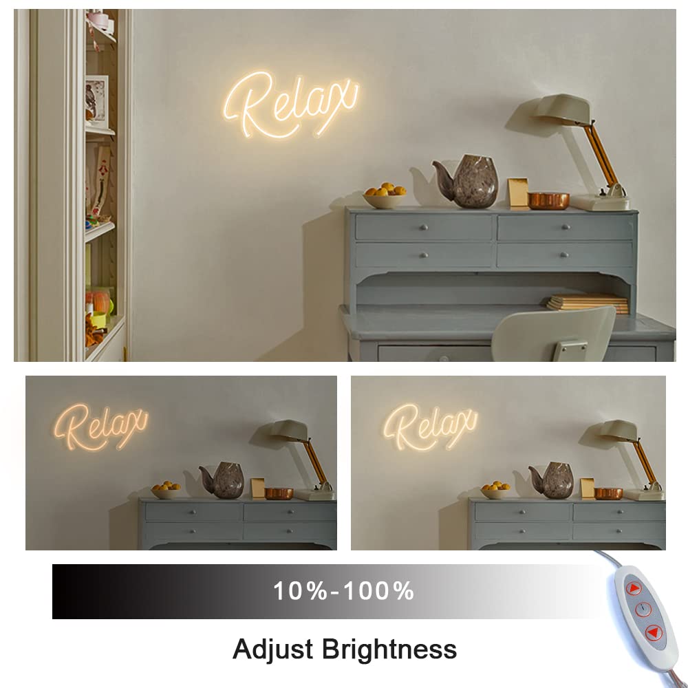 Relax Neon Sign Unique Art Ornaments with Dimmable Switch, 5V USB Powered Cool Neon Relax Signs for Wall Decor, Bedroom, Living Room, Bathroom Decoration Valentine's Day SPA Decor (Warm White)